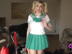 Find-Best-Pussy.com presents: Costume babe in a miniskirt fucks a toy outdoors
