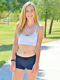 Find-Best-Pussy.com presents: Sporty blonde babe Dakota strips her clothes and flaunts her hot body outdoors